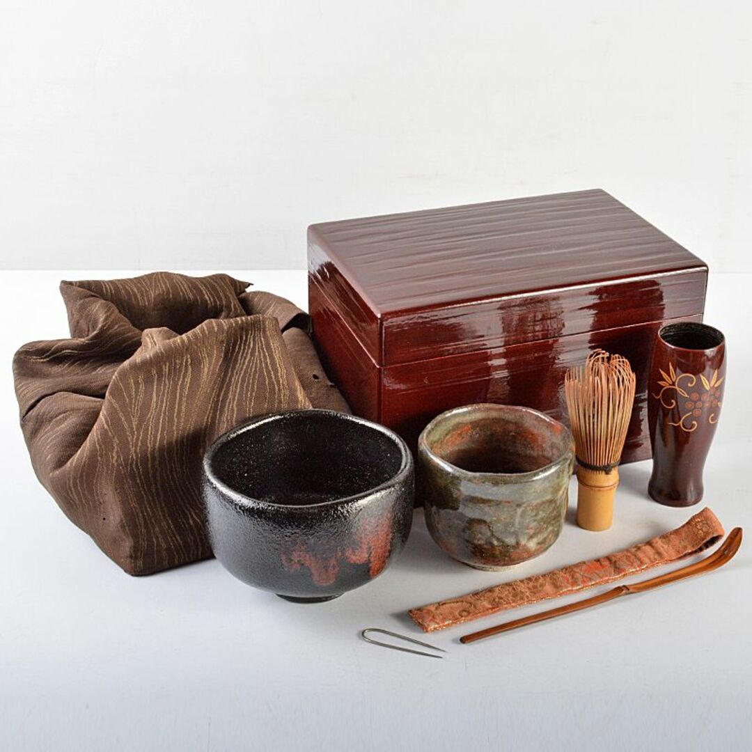 茶道具　漆塗　茶箱　茶筅筒　茶碗など　六点　一式　袱紗付　M　R5941 | フリマアプリ ラクマ