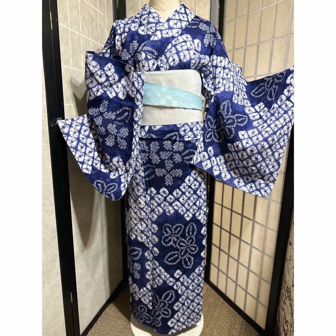 お値下げしました 有松鳴海絞り 水色 浴衣 トールサイズ 裄70-