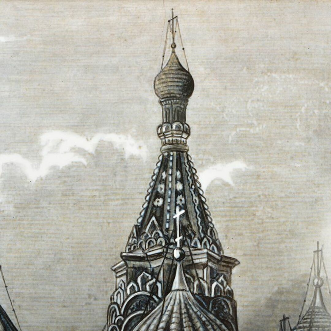 西洋美術　19世紀後半　聖ワシリィ大聖堂図　ロシア製　七宝絵　額装　VR5956