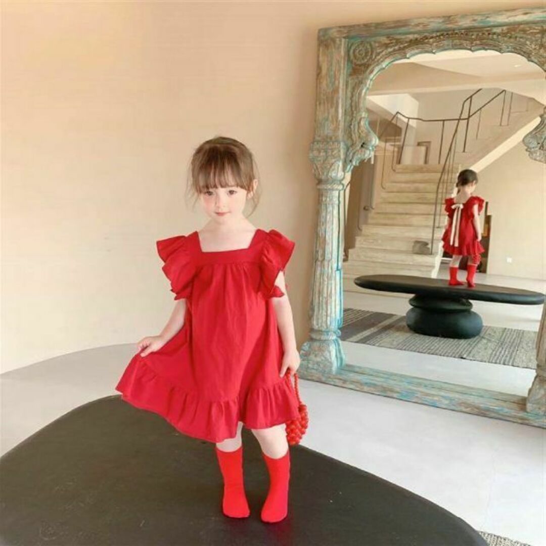 かわいい♡バックリボン ワンピース お出かけ 韓国 子ども服 女の子 赤 120 キッズ/ベビー/マタニティのキッズ服女の子用(90cm~)(ワンピース)の商品写真