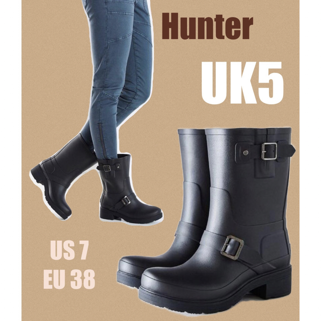HUNTER - Hunter☆ラバー バイカー レインブーツ 黒UK5 長靴 ブーツ