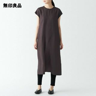 ムジルシリョウヒン(MUJI (無印良品))の■新品■  無印良品ヘンプ洗いざらしフレンチスリーブワンピース／ブラウン／Ｍ(ひざ丈ワンピース)