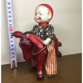戦前 セルロイドのゼンマイ式おもちゃ 日本製 ロバに乗る少年 ピエロ-
