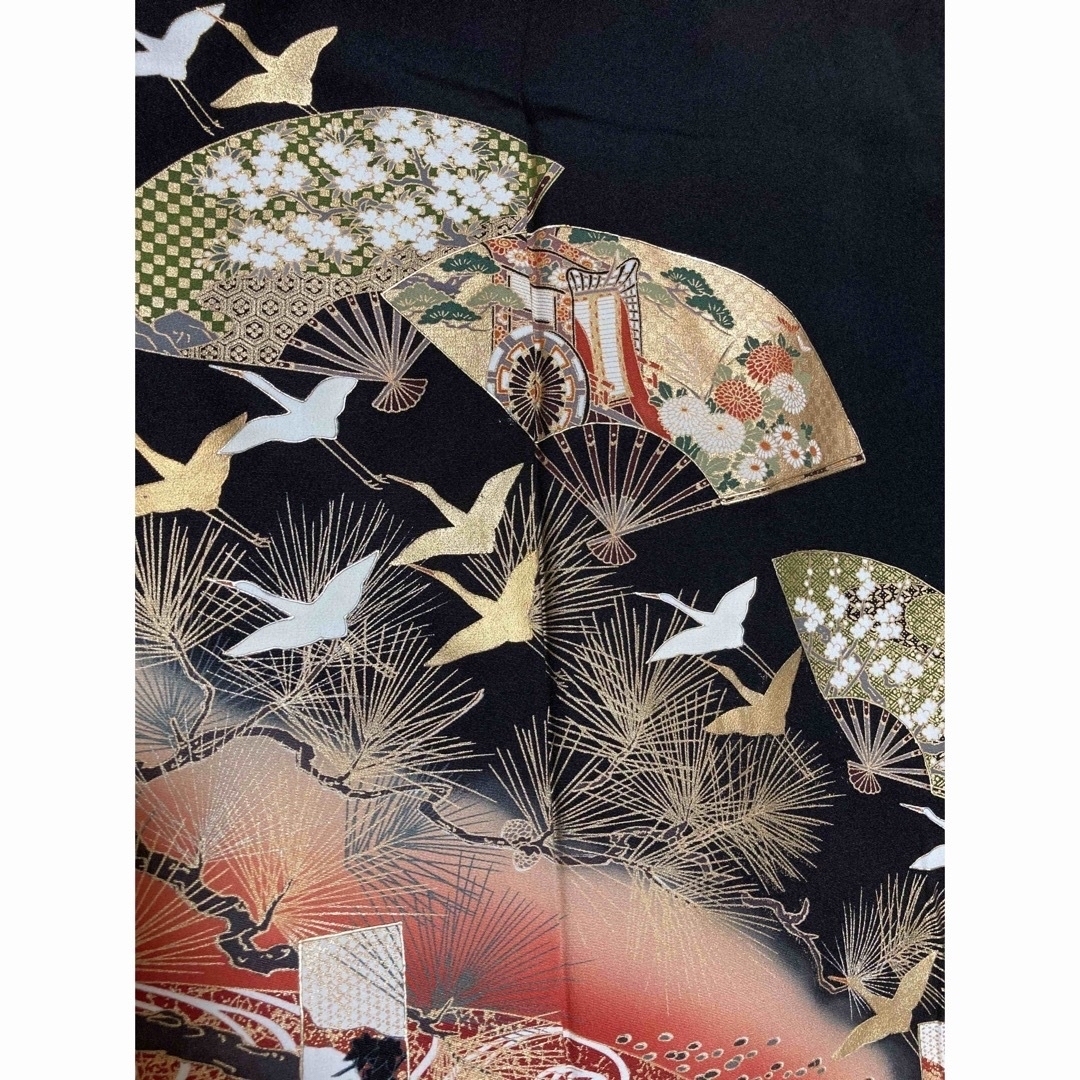 黒留袖 五つ紋 金 豪華 鶴 扇子-www.steffen.com.br