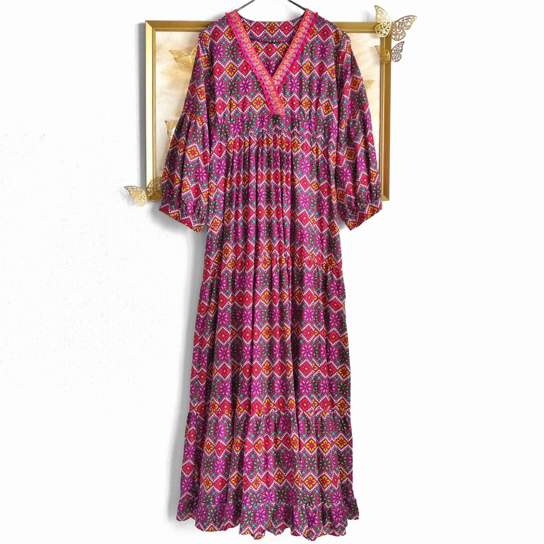 美品 ヴィンテージ ロングワンピース ボリューム袖 エスニック柄