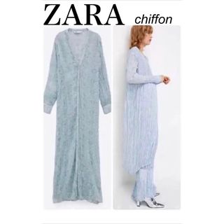 ザラ(ZARA)の匿名配送　新品　ZARA シフォン　セミシアー　プリーツ　ワンピ　カーディガン(ロングワンピース/マキシワンピース)