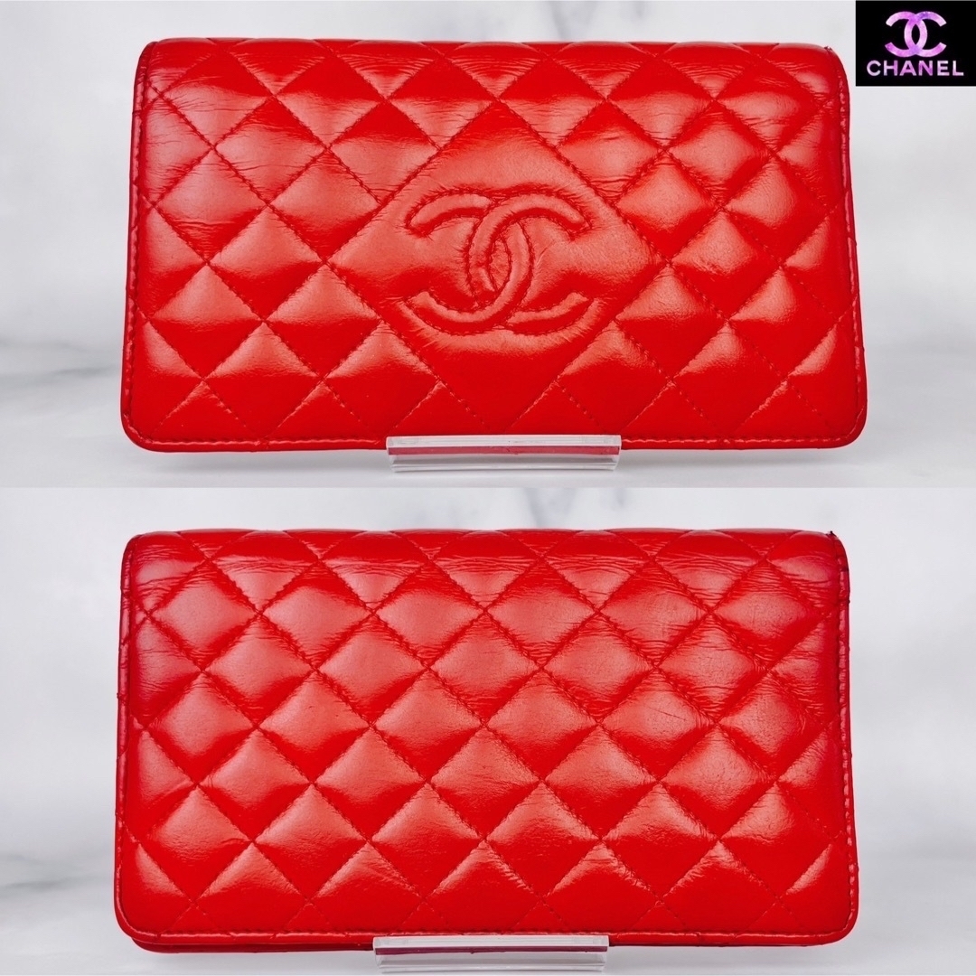 超極美品 CHANEL マトラッセ ラムスキン 二つ折り 長財布 レッド 超極美品 CHANEL マトラッセ ラムスキン 二つ折り 長財布 レッド