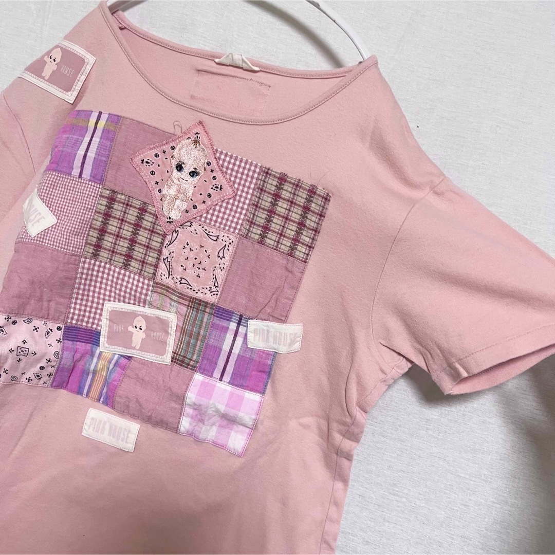 PINK HOUSE(ピンクハウス)の希少 キューピー★ピンクハウス ワッペン パッチワーク刺繍 Tシャツ 薄ピンク レディースのトップス(Tシャツ(半袖/袖なし))の商品写真