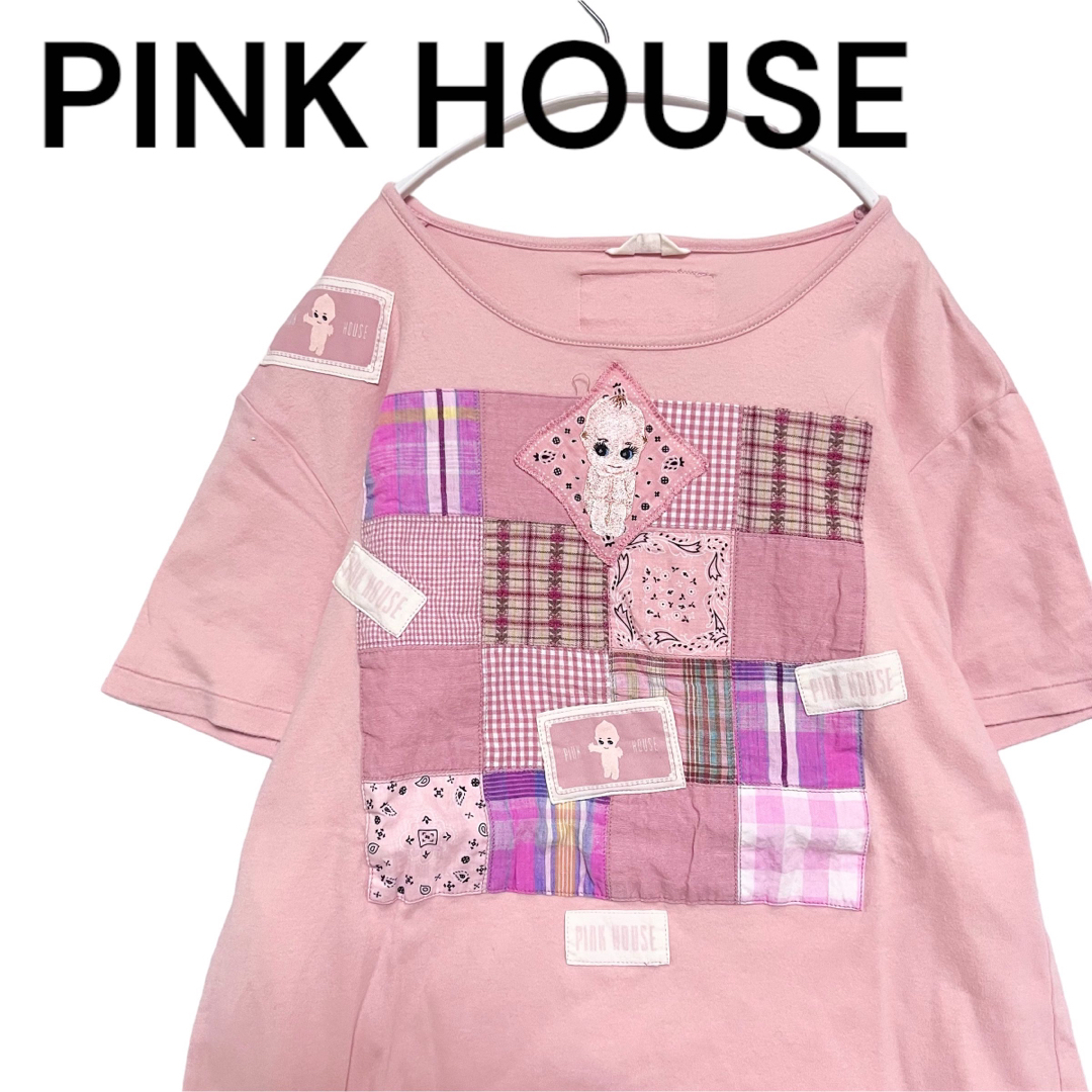 PINK HOUSE(ピンクハウス)の希少 キューピー★ピンクハウス ワッペン パッチワーク刺繍 Tシャツ 薄ピンク レディースのトップス(Tシャツ(半袖/袖なし))の商品写真