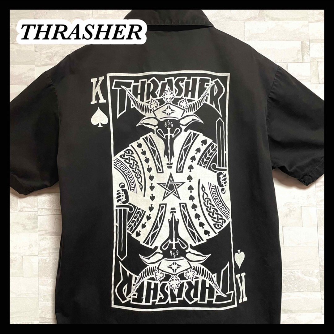 【THRASHER】スラッシャー　悪魔666バックプリント　スペード刺繍　シャツ