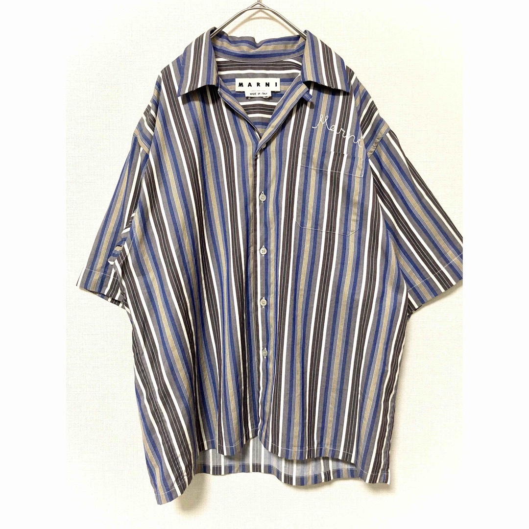 Marni - マルニ ストライプ ロゴ刺繍 オープンカラーシャツ 開襟
