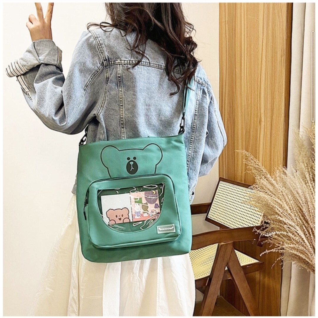韓国風可愛いクマさんの痛バッグ 見せバッグ♡透明トートバッグ 推し活 A4 緑 レディースのバッグ(トートバッグ)の商品写真