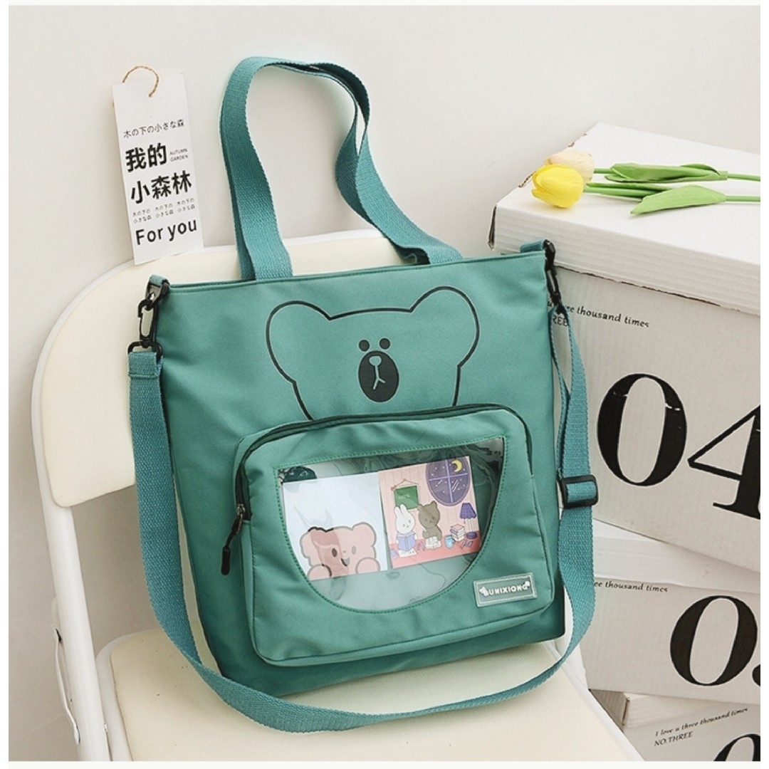 韓国風可愛いクマさんの痛バッグ 見せバッグ♡透明トートバッグ 推し活 A4 緑 レディースのバッグ(トートバッグ)の商品写真