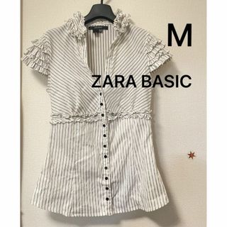 ザラ(ZARA)の値下げ 美品 ザラ ベーシック 開襟 首元 フリル ブラウス M  ホワイト(シャツ/ブラウス(半袖/袖なし))