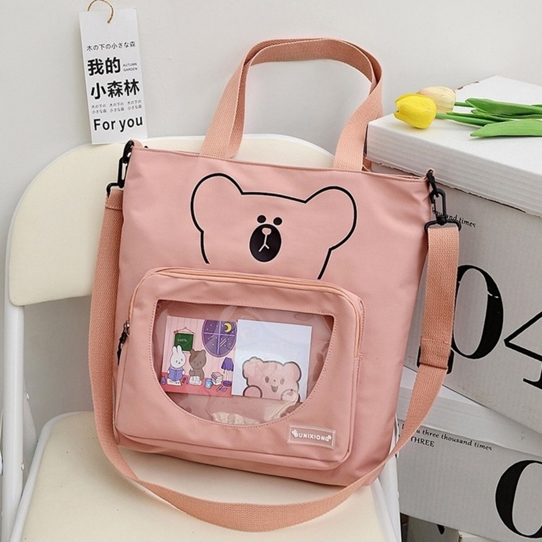 韓国風可愛いクマさんの痛バッグ 見せバッグ♡透明トートバッグ 推し活 A4 桃 レディースのバッグ(トートバッグ)の商品写真