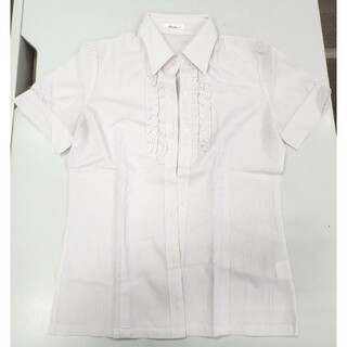 襟つき　シャツ　半袖　9号　白地　ピンク　ストライプ　中古(シャツ/ブラウス(半袖/袖なし))