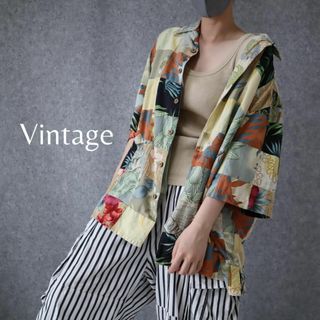 アートヴィンテージ(ART VINTAGE)の【vintage】パッチワーク フラワー 総柄 レーヨン 開襟 半袖シャツ XL(シャツ)