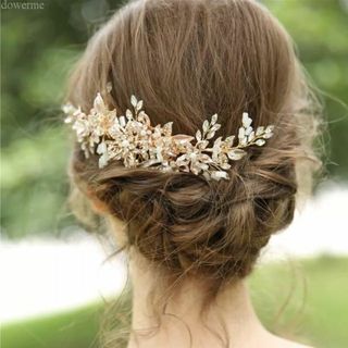 ヘッドドレス 小枝　ピンクゴールド　ウェディングヘアアクセサリー　結婚式(ラバーベルト)