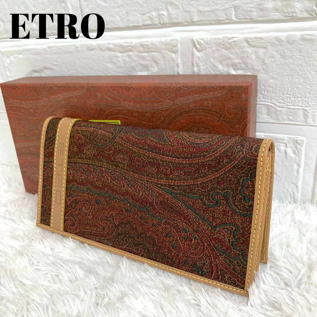 超希少✨ETRO 折り財布 金ペガソ がま口 ペイズリー柄 PVC ブラウン系素材レザー