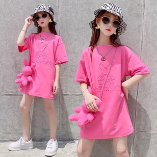 KWFB033キッズ 子供服 Tシャツワンピース  縫いぐるみ付き 女の子 夏(ワンピース)