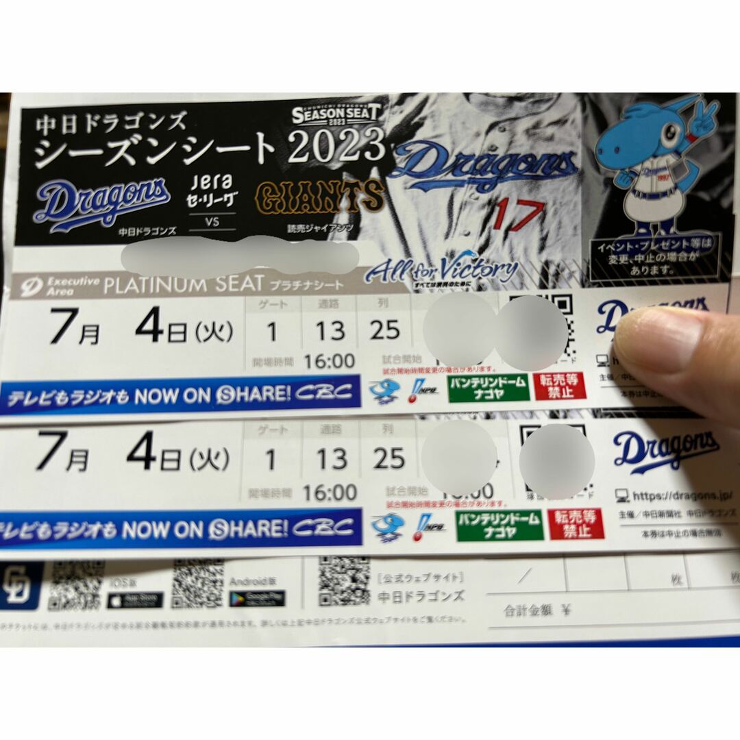 8/25(金)中日×横浜 プラチナシート ペア/1塁側