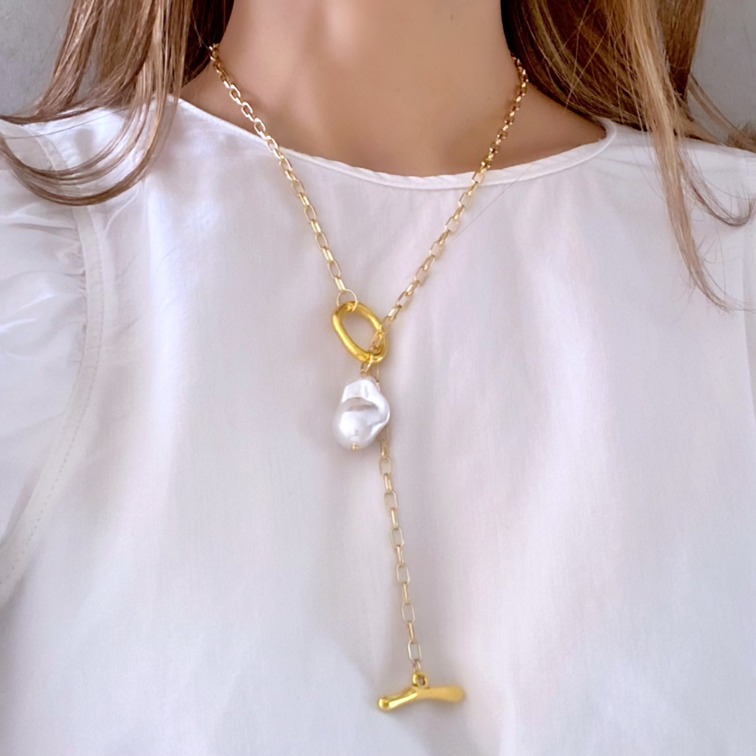 再販【ゴールド】バロックパール スクエアチェーン マンテルネックレス