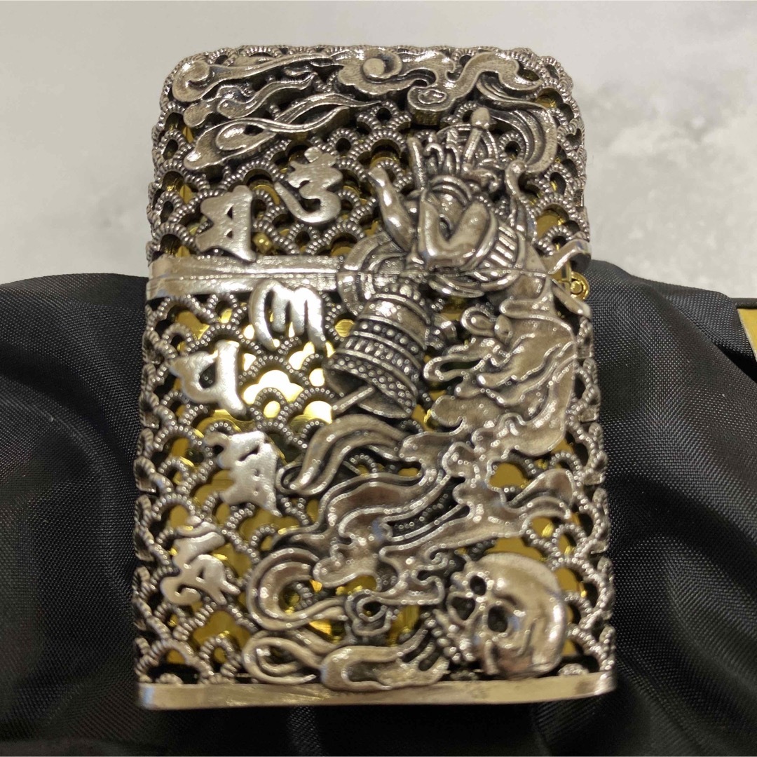 約62mm幅不動明王 全面装飾 フルオーダー フルメタルジャケット Zippo 和彫り 銀金