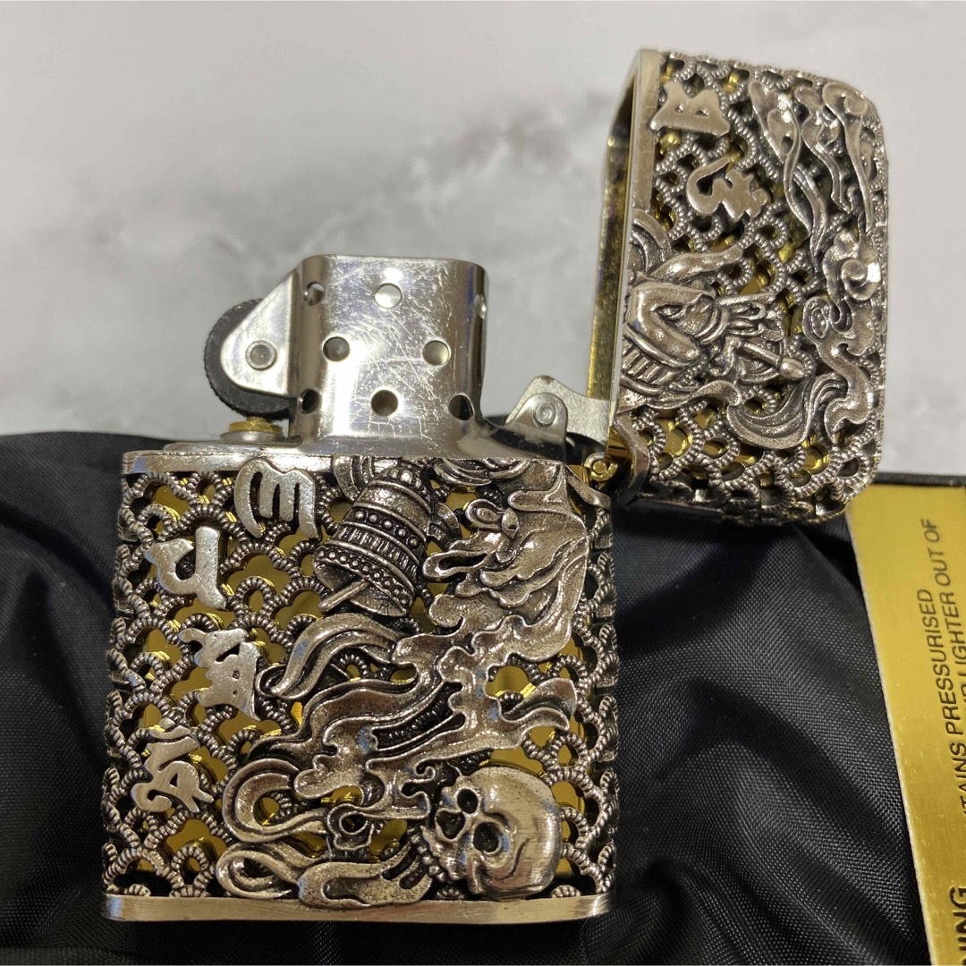 不動明王 全面装飾 フルオーダー フルメタルジャケット Zippo 和彫り 銀金