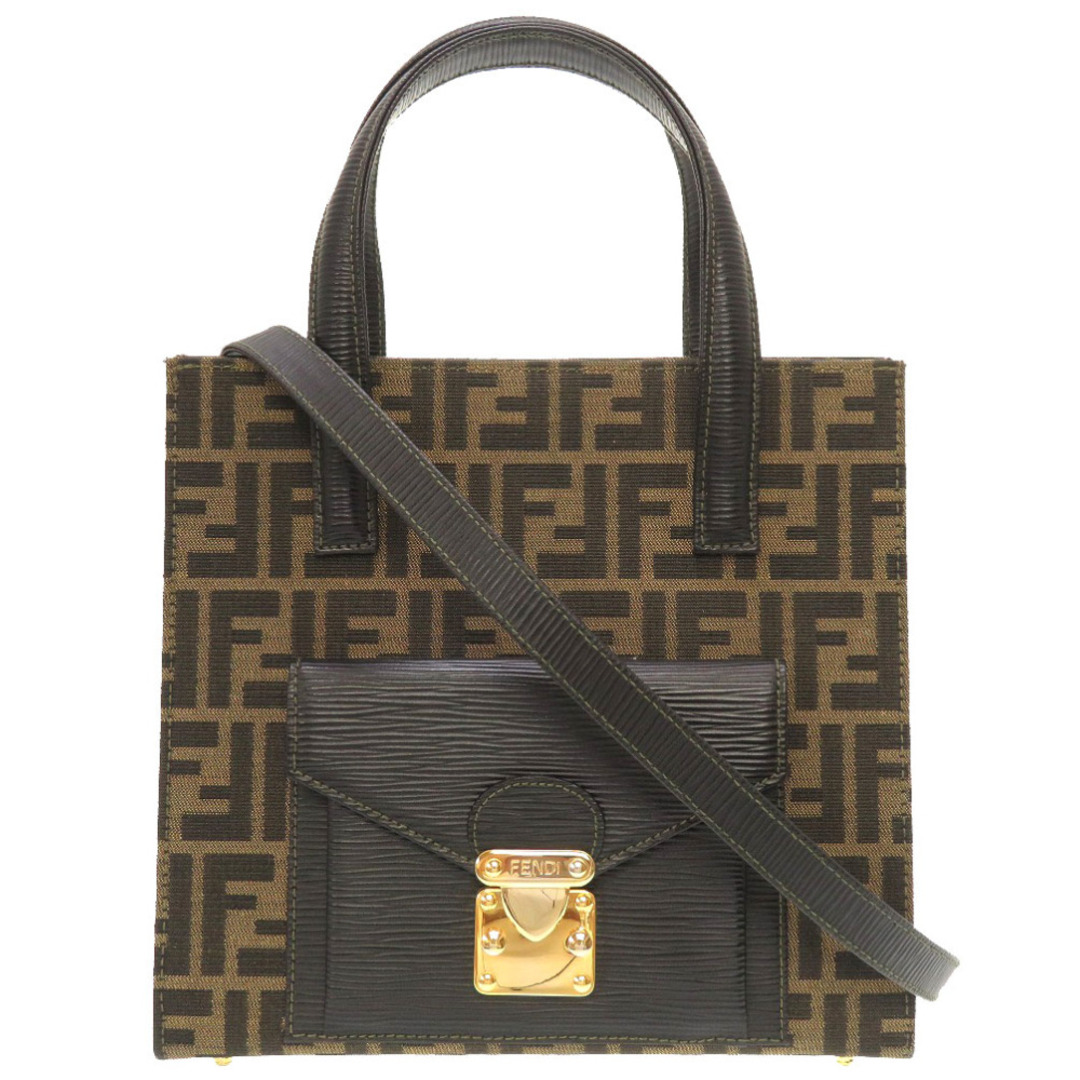 美品 フェンディ ズッカ レザー キャンバス ブラウン ブラック 2WAY ハンドバッグ バッグ 茶 0090  FENDI