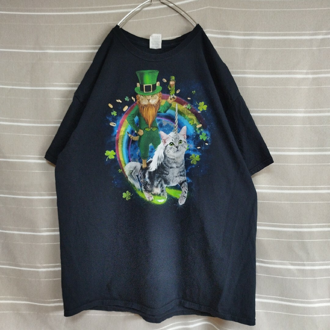 アニマルTシャツtシャツユニコーンキャット動物猫ANIMAL黒XLアートプリント