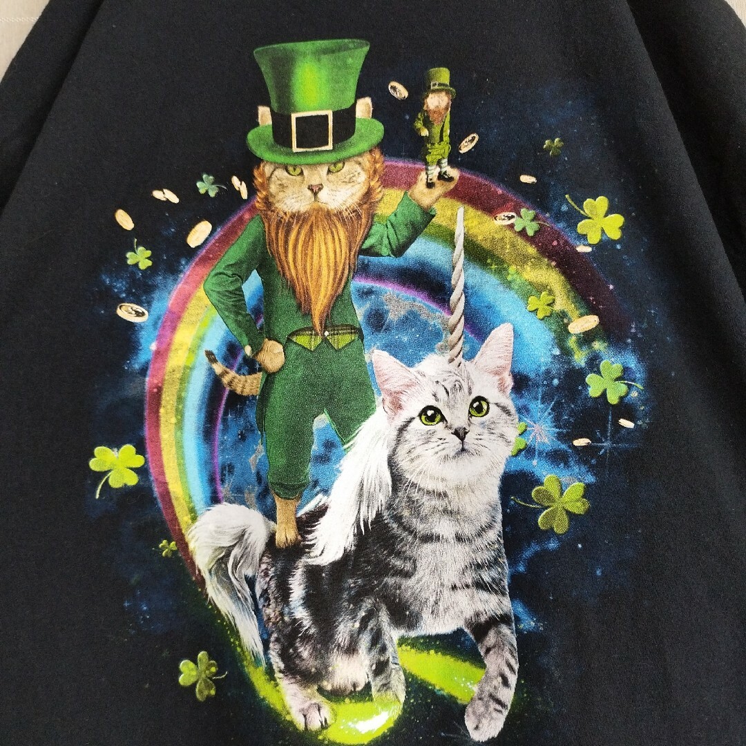 アニマルTシャツtシャツユニコーンキャット動物猫ANIMAL黒XLアートプリント