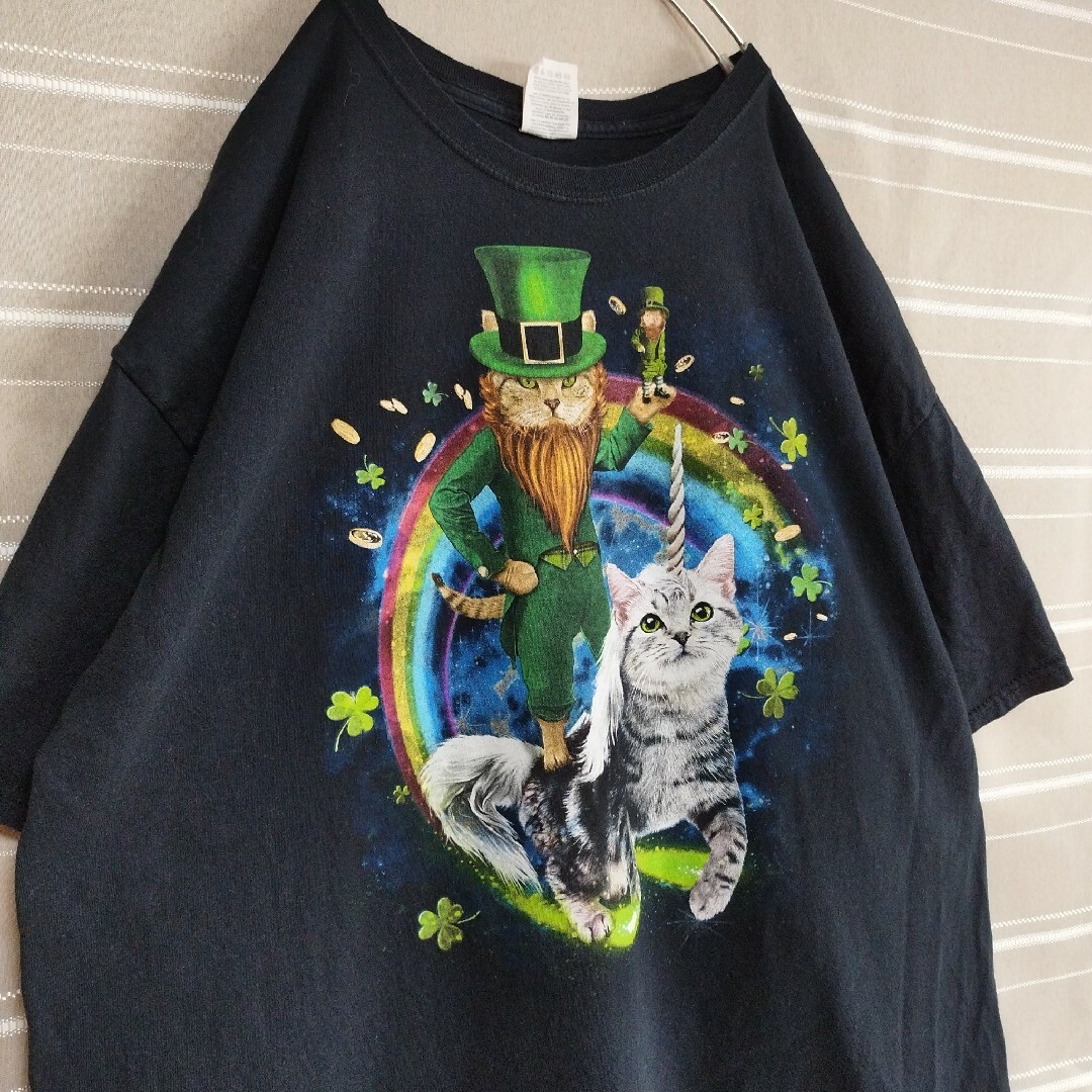 アニマルTシャツtシャツユニコーンキャット動物猫ANIMAL黒XLアートプリント