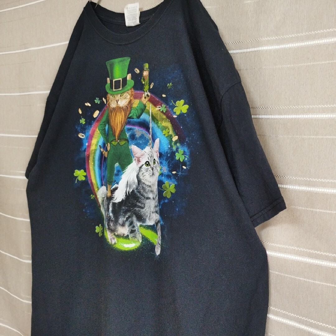 アニマルTシャツtシャツユニコーンキャット動物猫ANIMAL黒XLアートプリント