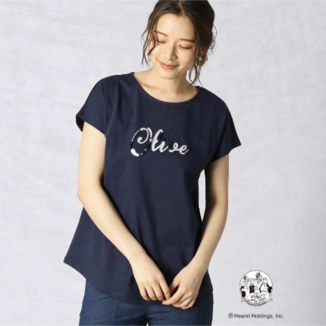 Comme ca Mature(コムサマチュア)の【Comme ca Mature】ポパイOLIVE ロゴ&ビジュー刺繍 Tシャツ レディースのトップス(Tシャツ(半袖/袖なし))の商品写真