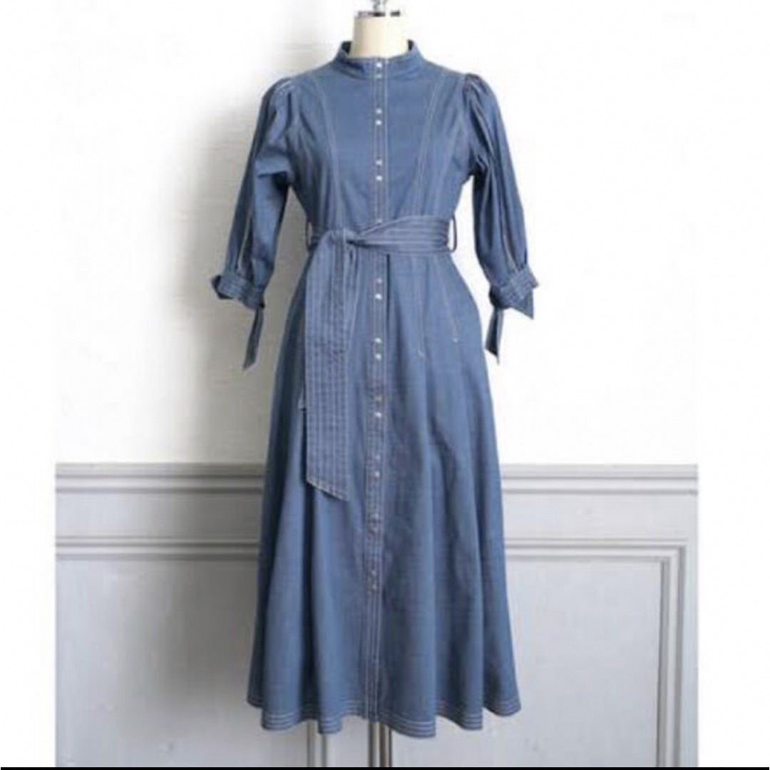 Chambray-trimmed Belted Long Dress