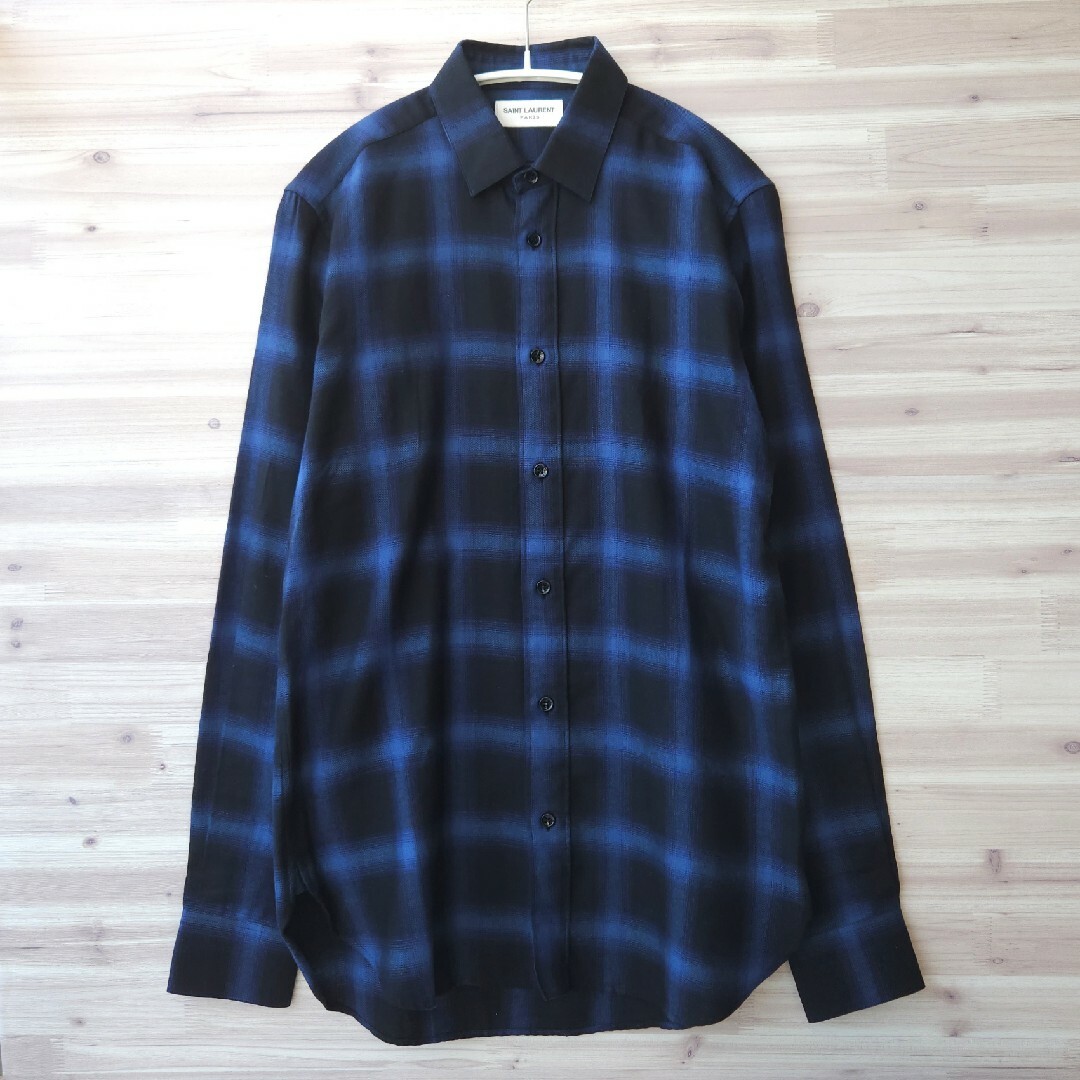 SAINT LAURENT PARIS オンブレチェックネルシャツ ブルー