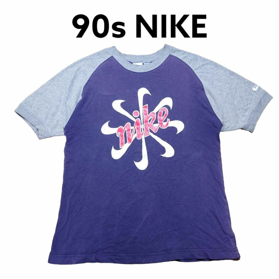 90s NIKE　白タグ　風車ロゴビッグプリント　ラグランTシャツ　ナイキ　古着のサムネイル