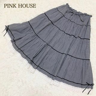 ピンクハウス(PINK HOUSE)の極美品 ピンクハウス ロングスカート ティアード チェック柄 リボン レース(ロングスカート)