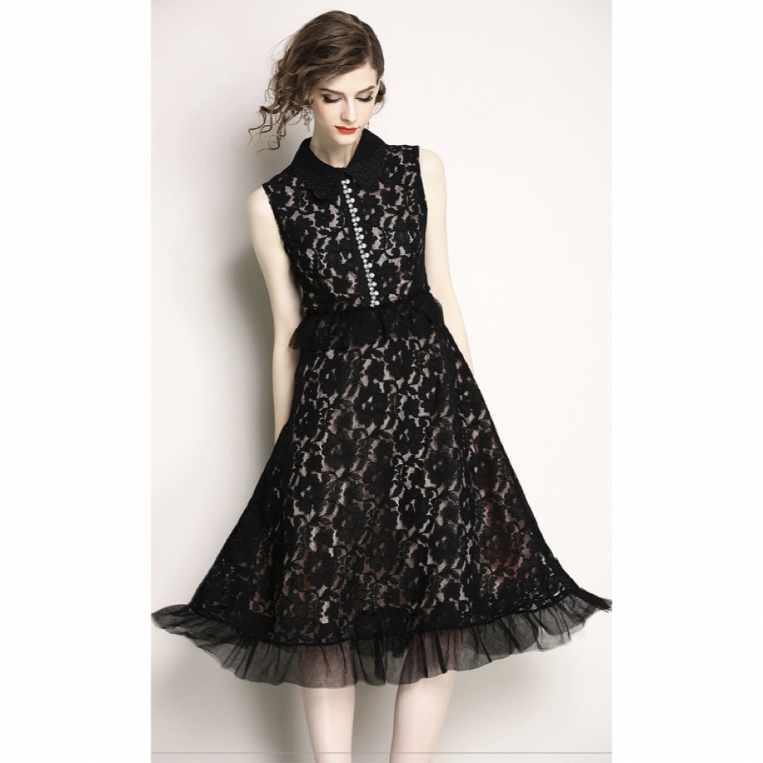 新品 レディース レースワンピース 花柄 刺繍 ロング XL 黒 ノースリーブ レディースのフォーマル/ドレス(ロングドレス)の商品写真