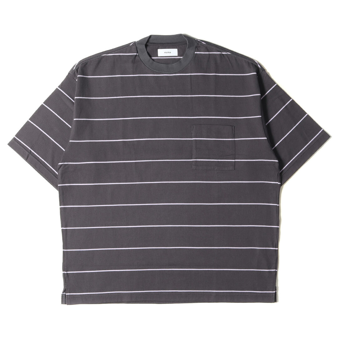 Marka マーカ Tシャツ サイズ:3 22SS オーバーサイズ ポケット ボーダー クルーネック BORDER TEE S/S - COMBED KNIT BORDER ビッグ チャコール ピンク 日本製 トップス カットソー 半袖 【メンズ】