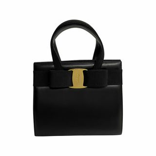 極 美品 Salvatore Ferragamo フェラガモ ヴァラリボン 金具 カーフレザー 本革 ハンドバッグ ミニ トートバッグ ブラック  24002