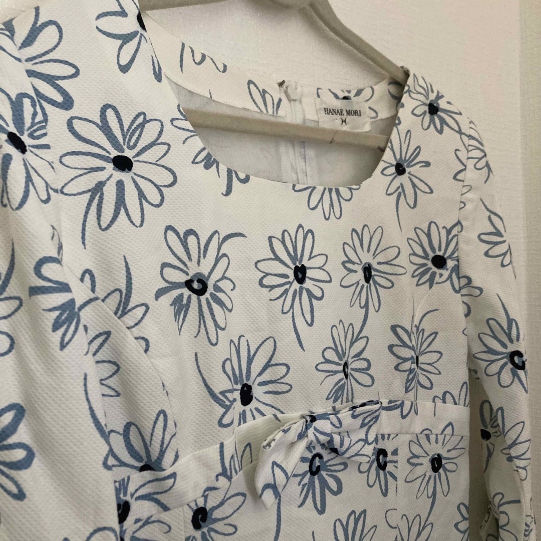 HANAE MORI 花柄ひざ丈ワンピース リボン付き ホワイト 半袖 レトロ-