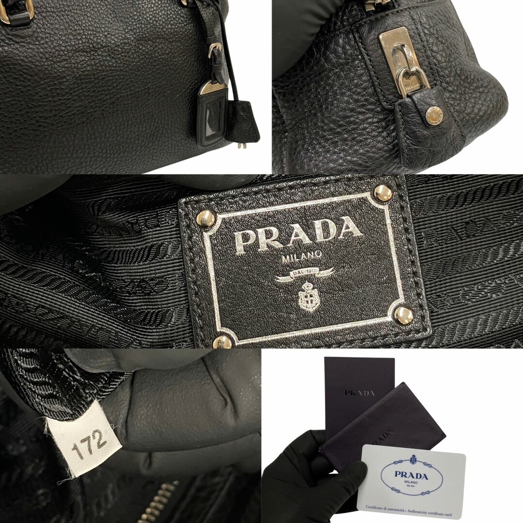 極 美品 希少品 鍵 カデナ付 PRADA プラダ ロゴ エンボス レザー 本革 ハンドバッグ ミニ トートバッグ ブラック 黒 23220