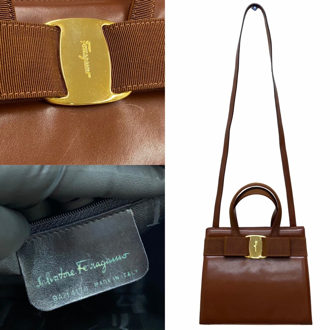 極 美品 Salvatore Ferragamo サルヴァトーレフェラガモ ヴァラリボン カーフ レザー 2way ハンドバッグ ショルダーバッグ  ブラウン 21851