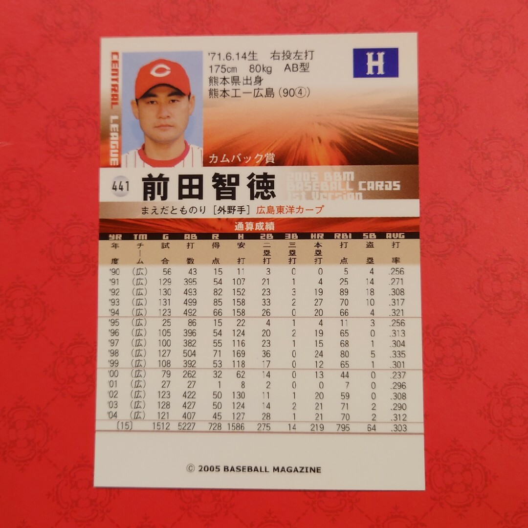 広島東洋カープ(ヒロシマトウヨウカープ)のプロ野球カード 前田智徳選手2005 エンタメ/ホビーのテーブルゲーム/ホビー(野球/サッカーゲーム)の商品写真