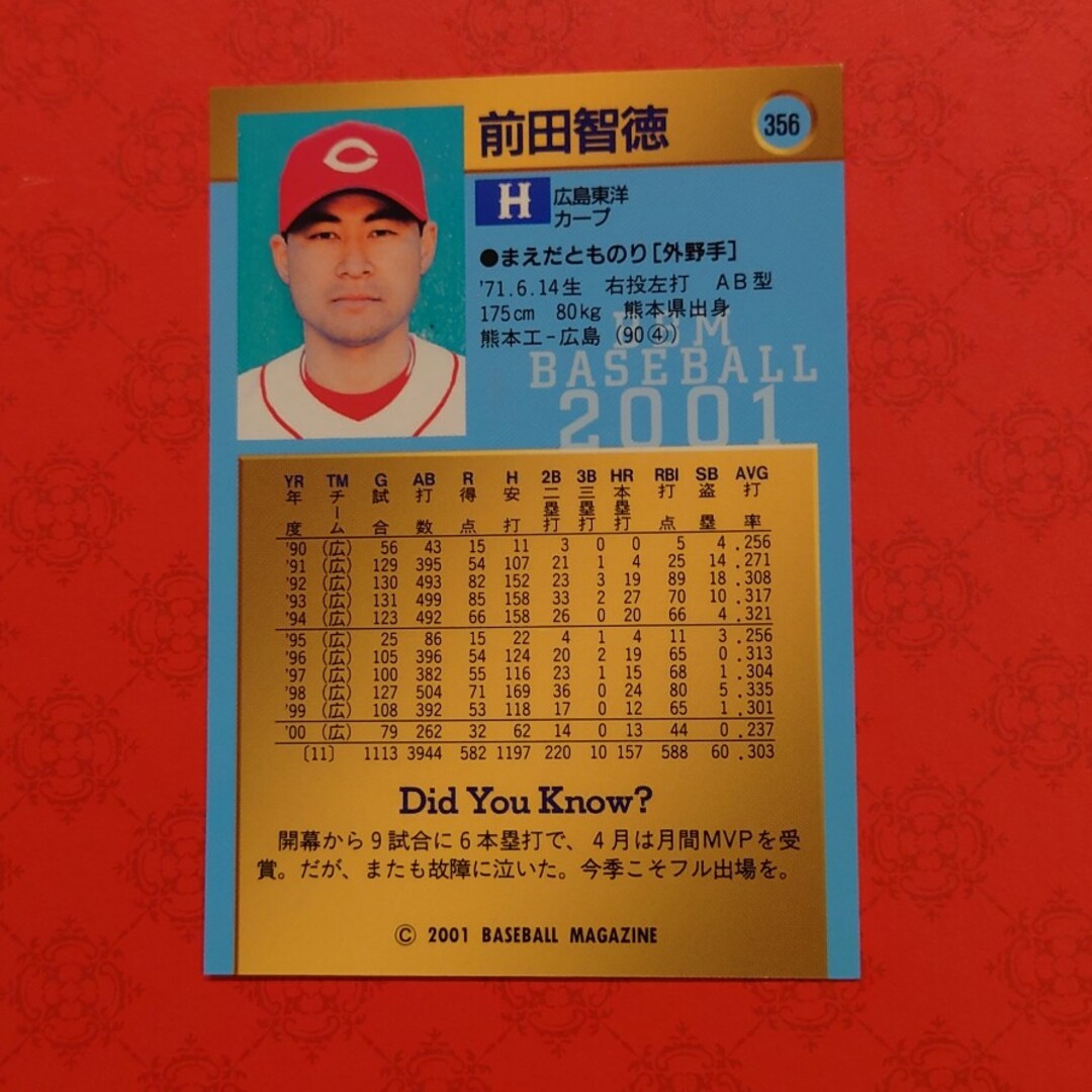 広島東洋カープ(ヒロシマトウヨウカープ)のプロ野球カード 前田智徳選手2001 エンタメ/ホビーのテーブルゲーム/ホビー(野球/サッカーゲーム)の商品写真