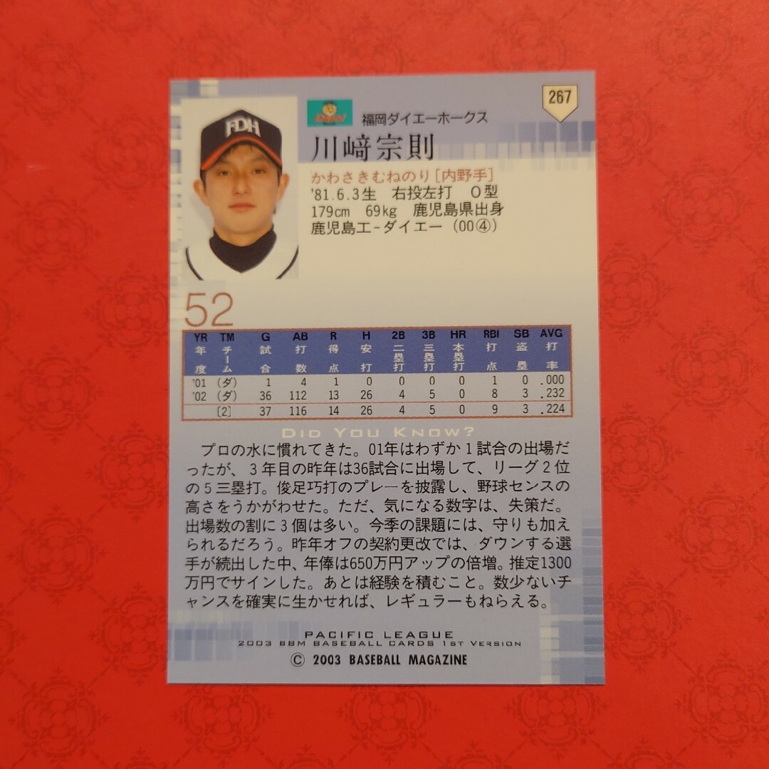 福岡ソフトバンクホークス(フクオカソフトバンクホークス)のプロ野球カード 川崎宗則選手2003 エンタメ/ホビーのテーブルゲーム/ホビー(野球/サッカーゲーム)の商品写真