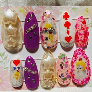 ネイルチップ　ロングアーモンド　猫柄　星柄　トランプ柄(つけ爪/ネイルチップ)