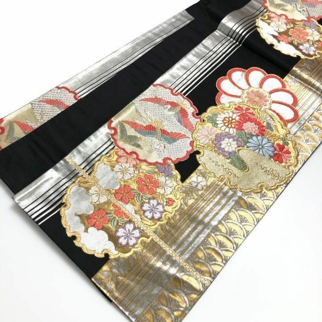 O-1988 袋帯 雪輪紋に四季の花々 鶴 扇 唐織 - 着物