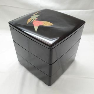 重箱 3段 椿 お重 弁当箱 昭和 レトロ 三段 漆器 道具 和食 黒 金 赤の ...